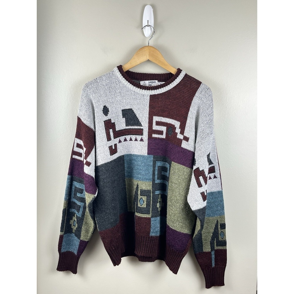 London Fog Sweater Mens XL Abstract Wool Blend Vintage 80s USA Pullover